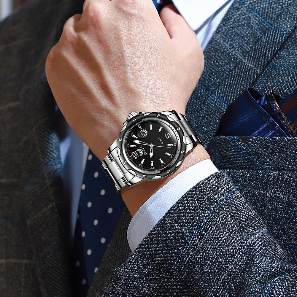 OPK Quartz Watch with Date Classic Stainless Steel Watch for or Office Black Men's Display, Waterproof, Luminous, Stylish, Easy-to-Read, Business,