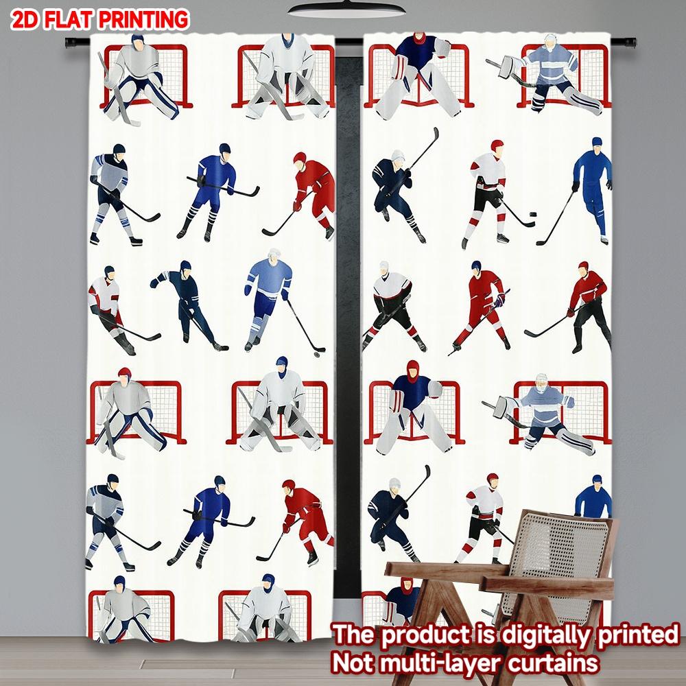 2D flat printing 2pcs Party Curtains Hockey Players and Goals Digital Printed Polyester Drapes Festive Curtains Perfect for