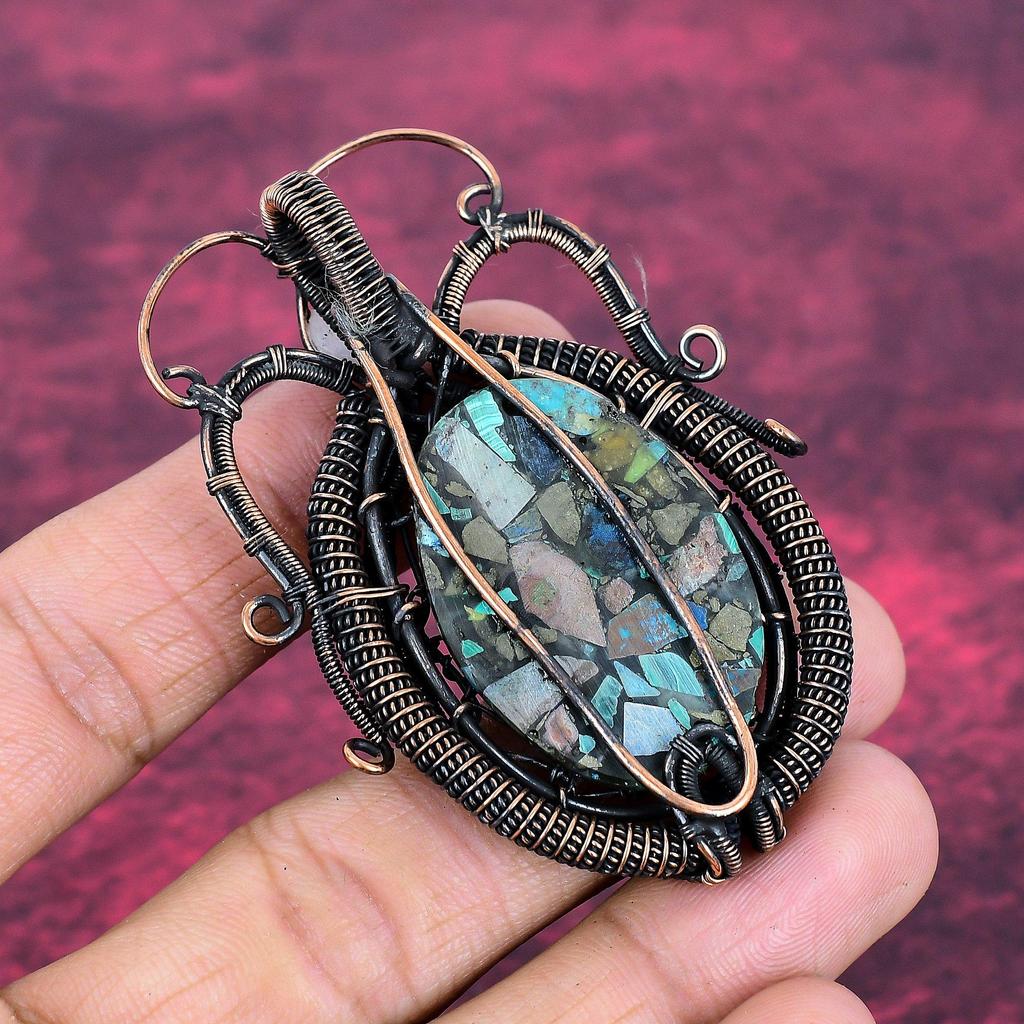 Tree Of Life Copper Azurite Malachite Pendant Copper Wire Wrapped Jewelry Moonstone Gemstone Pendant