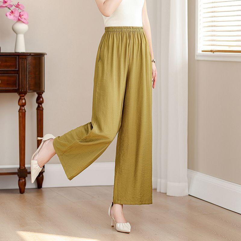 Simplicity Casual Summer Pants Women's Solid Elastic Waist Pockets Thin Style Elegant High Waist Loose Wide Leg Cropped Trousers