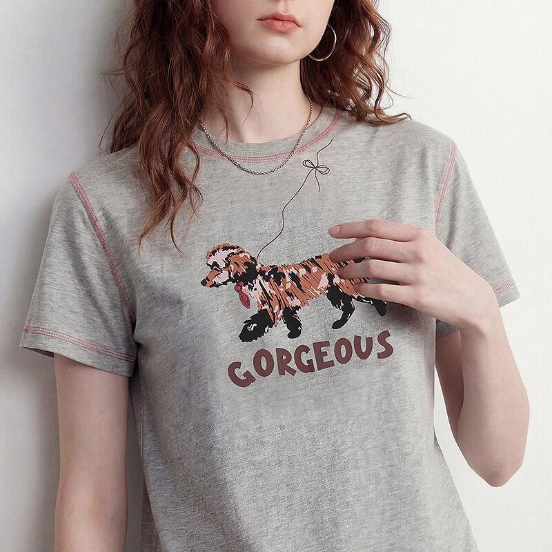 Chuyu Women's Cotton T-Shirt with Dog & Letter Print