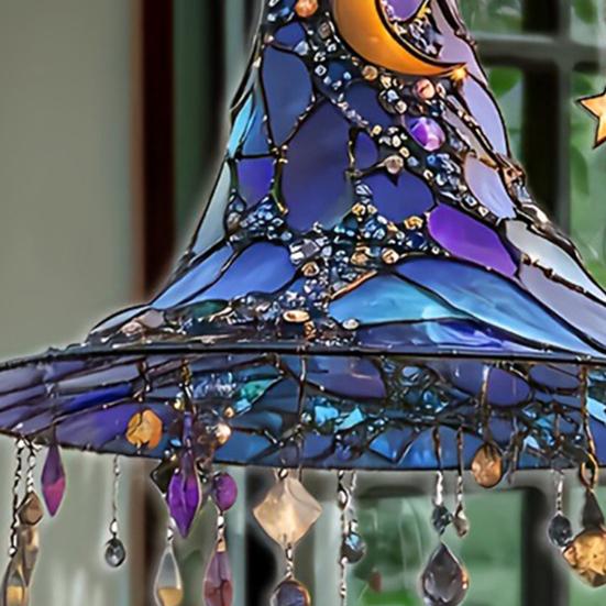 Halloween Witch Hat Hanging Decoration Stained Glass 2D Flat Acrylic Creepy Bat Skull Suncatcher Indoor Outdoor Wall Window Hanging Sign Ornament