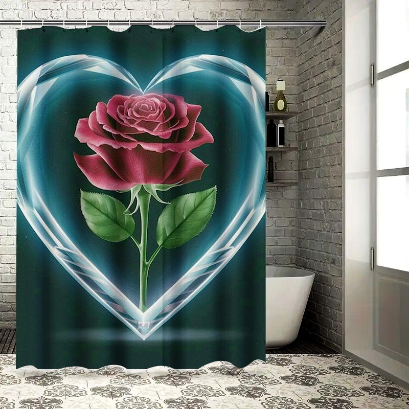 Romantic Heart Rose Shower Curtain - Waterproof, Mildew-Resistant, Machine Washable For Valentine'S Day Bathroom Decor