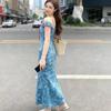 French Retro Blue Background Safflower Floral Dress for Women's Summer, One-word Shoulder Ruffle Edge, Waist and Thin, Fish Tail and Buttocks