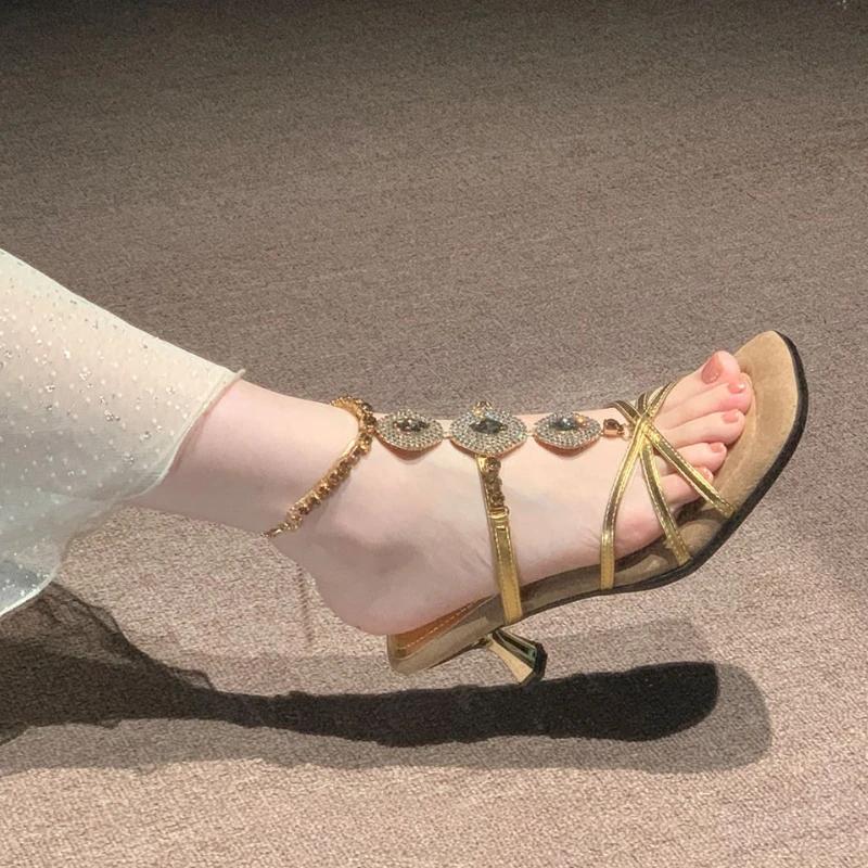 2025 Women's Fashion Sandals Fine Heel Open Toe Square Head Cross Thin Strap Flash Diamonds High Heels Comfortable Buckle Shoes