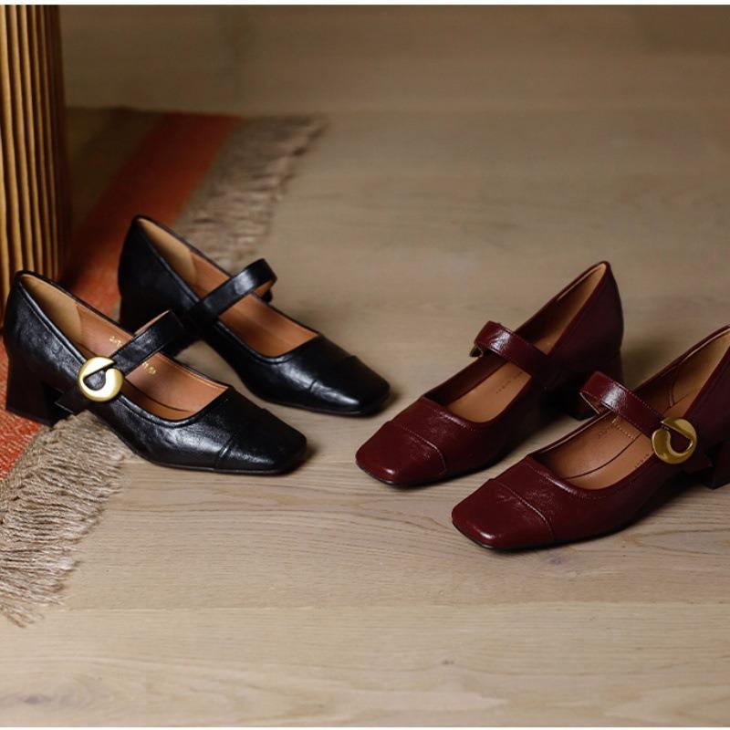 Mary Jane shoes shallow single shoes women's autumn and winter new design thick heel retro small leather shoes