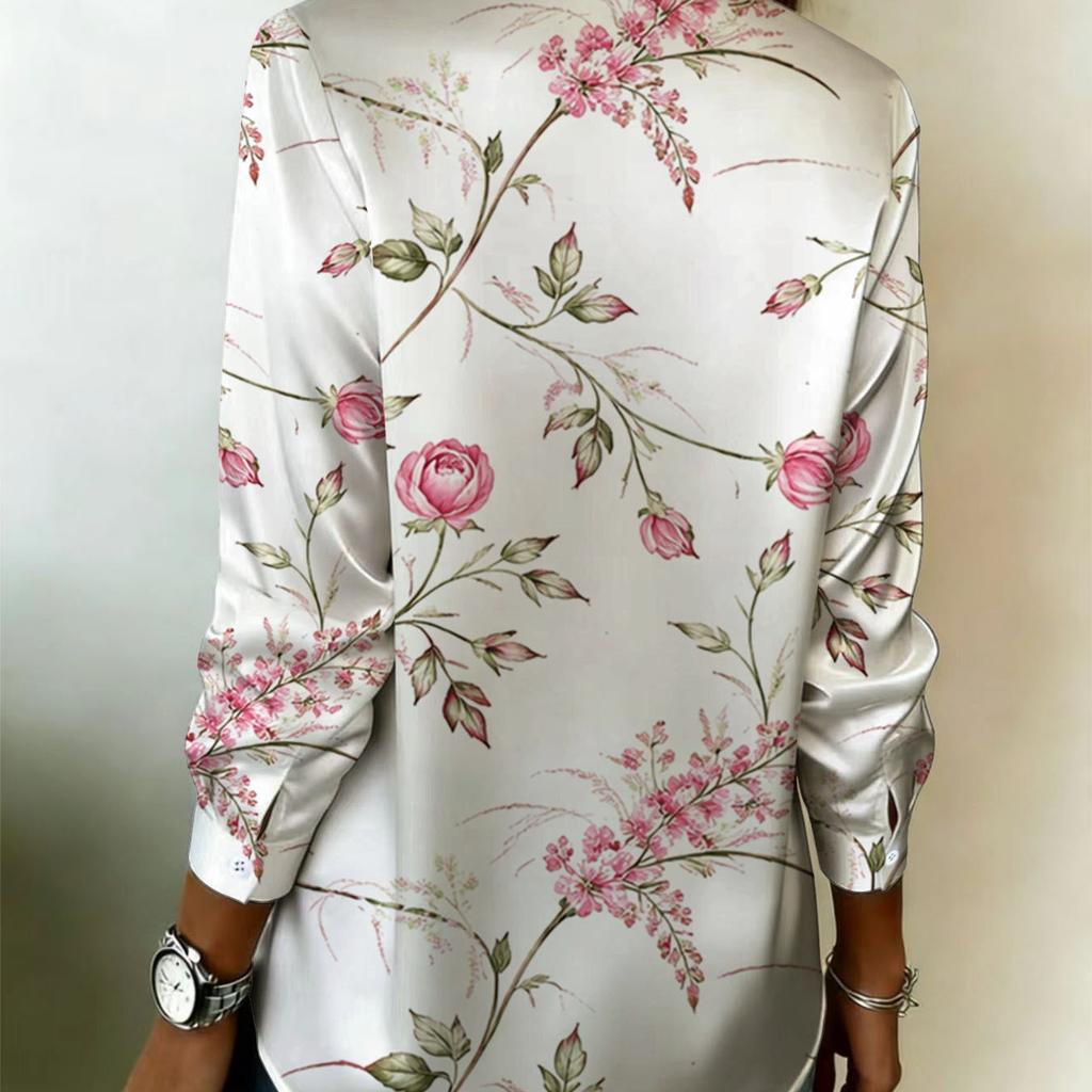 Romantic Pink Rose Floral Printed Long-sleeved Shirt - Women's Casual Collar Buttoned Shirt, Stylish for Daily Wear