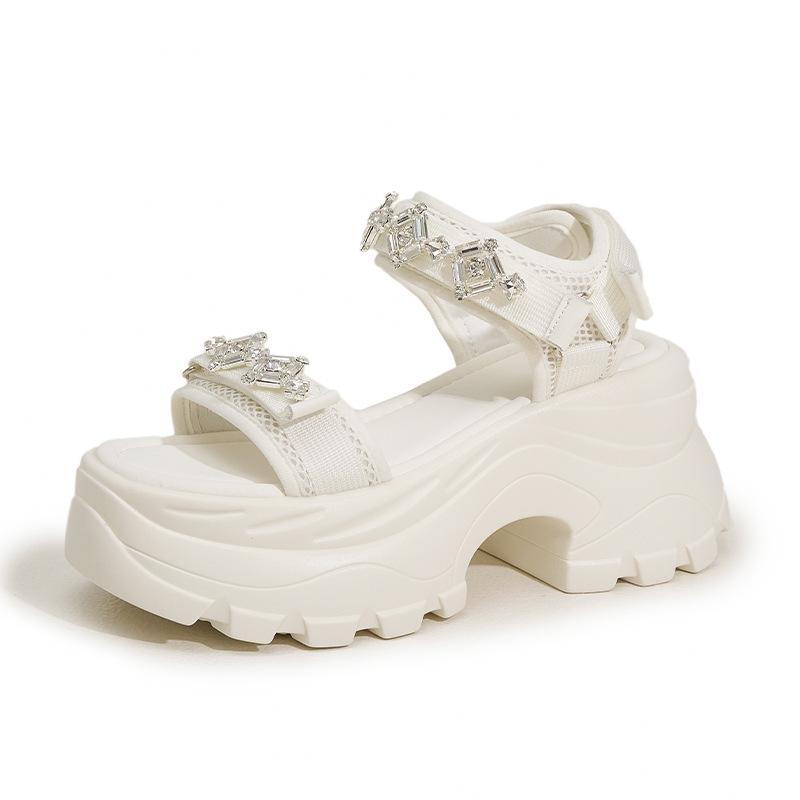 

Мода 8,5 см Женские босоножки на толстом каблуке Летняя мода Уличная обувь На ремешке Слипоны С бриллиантами Универсальные туфли на платформе Повседневный стиль 39 бежевый