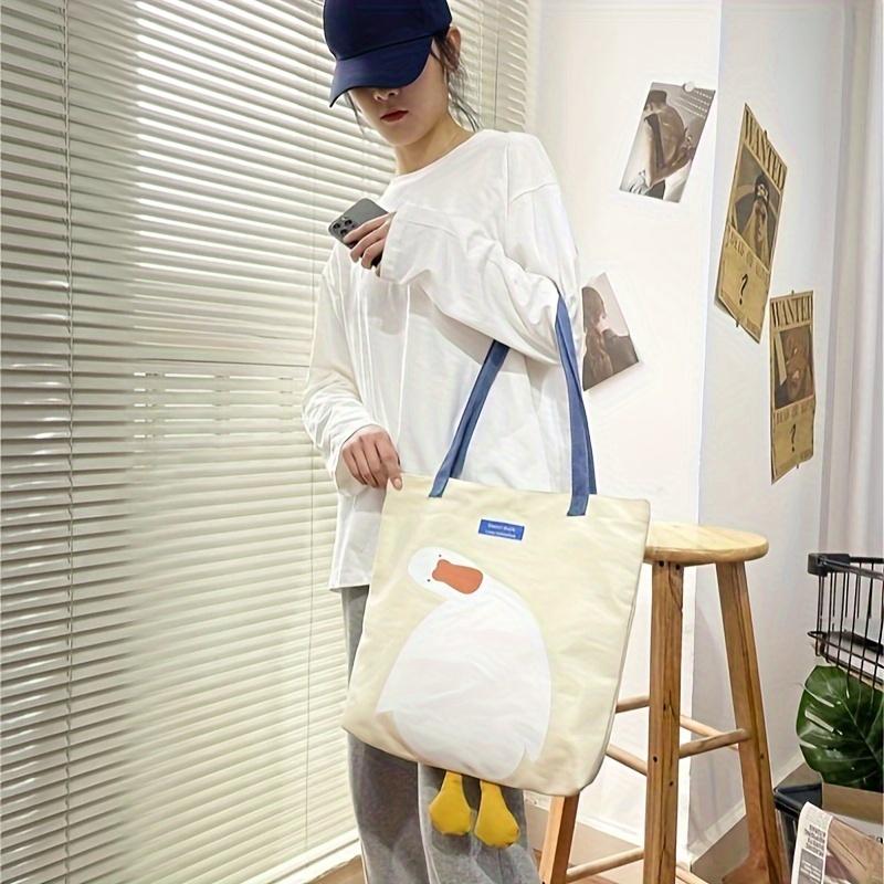 Large Capacity Shoulder Bag, Fun Duck Pattern Canvas Handbag, Suitable for School, Work, And Vacations