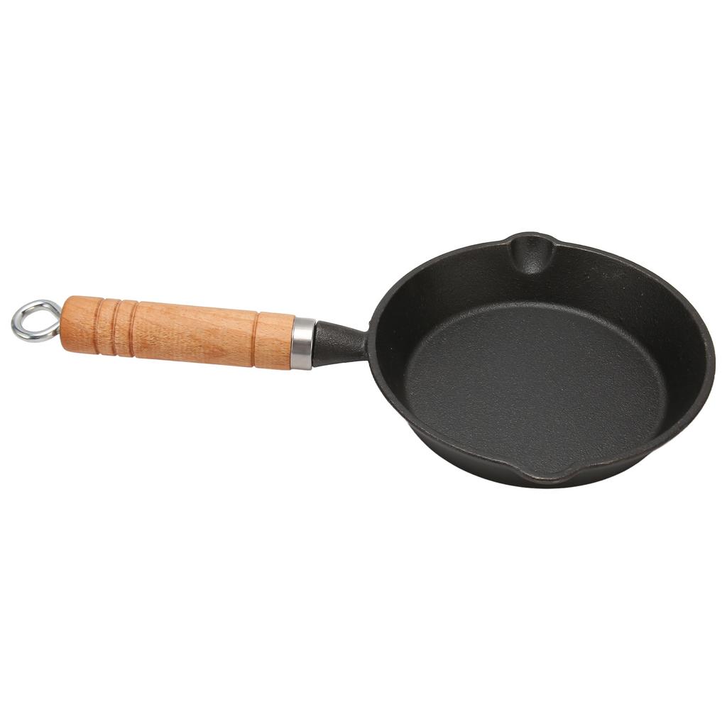 Frying Pan Cast Iron Skillet Drip Spouts Wooden Handle Stain Resistant Quick Heat Easy To Clean Cook Pan