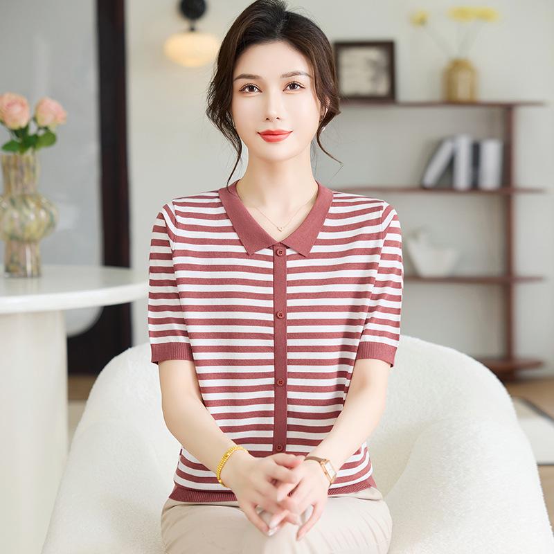 

Mom s Summer Ice Silk Striped Short-Sleeve Knit Cardigan for Middle-Aged & Elderly Women 3XL (135-160 Jin) красный/ржавый
