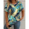 T-shirt women summer casual elegant simple V-neck short-sleeved floral retro top loose casual wear ladies T-shirt