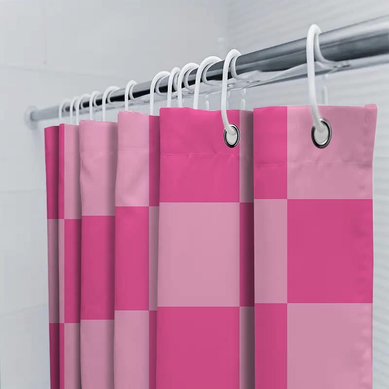 Modern Bathroom Decor: Beautiful Pink Checkered Shower Curtain Set for Bathtub Area Perfect Home Decoration Item (Set Includes 1