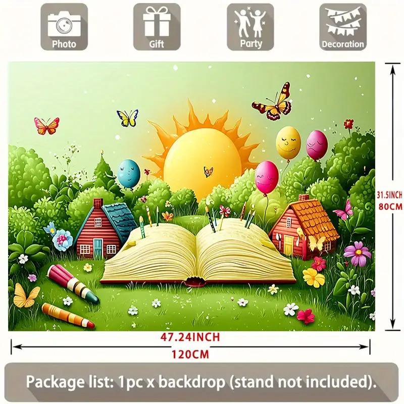 Whimsical Spring Garden Book Open Backdrop Mural Polyester Photo Booth Background Decoration for Kids Birthday Party Photoshoot