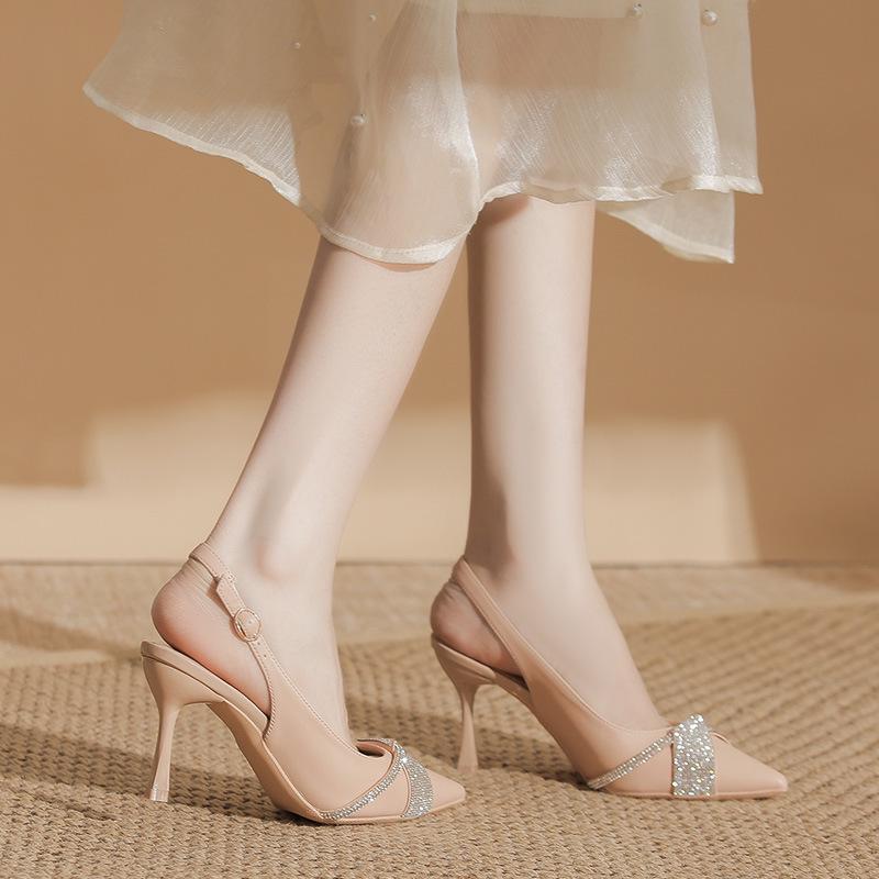 BYZ Backless Pointed Toe Stiletto Microfiber Rhinestone Buckle Heels - Versatile Commuter Work Shoes for Women