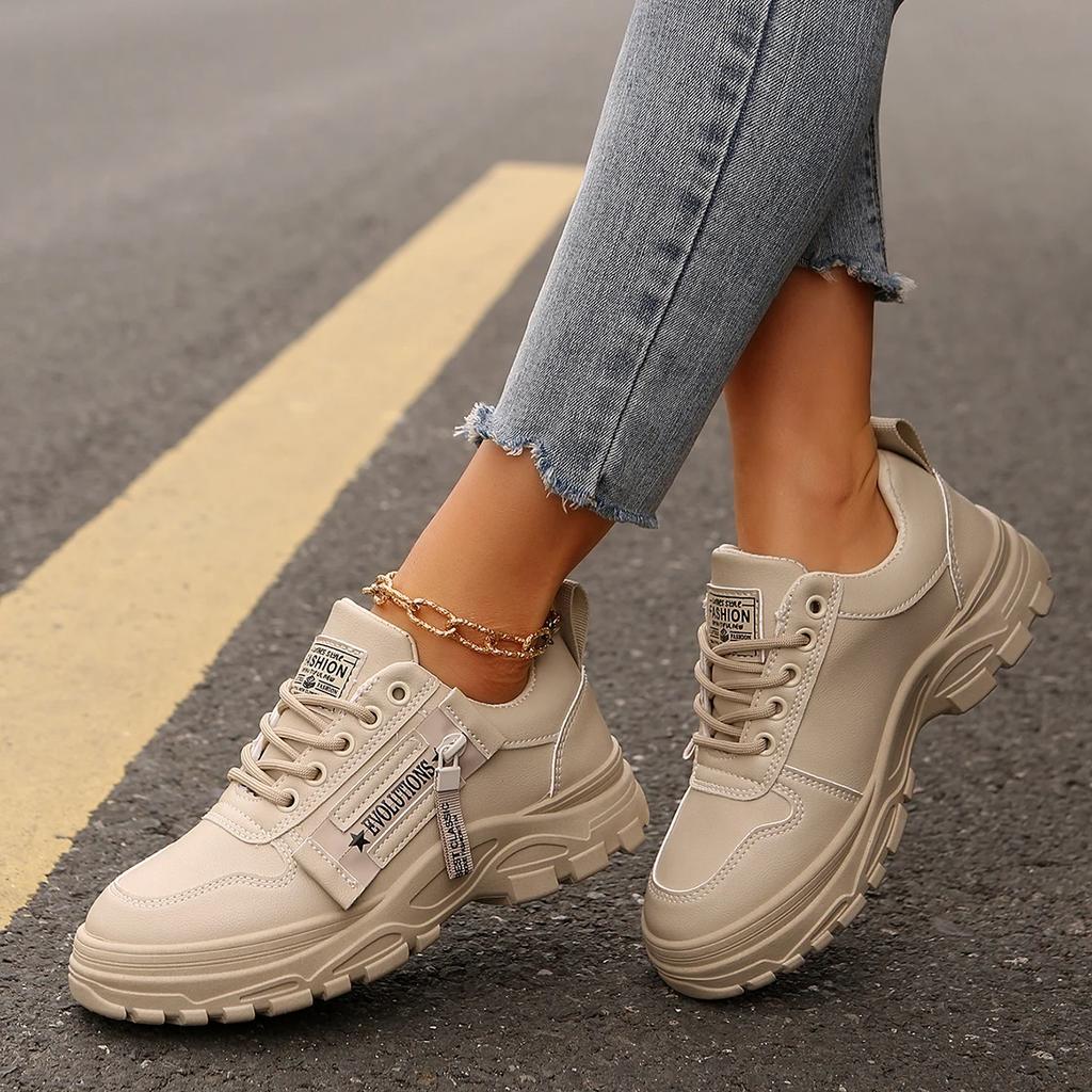 Fashionable New Comfortable Women's Vulcanized Shoes Elegant Solid Color Lace Up Thick Soled Casual Shoes In Spring and Autumn