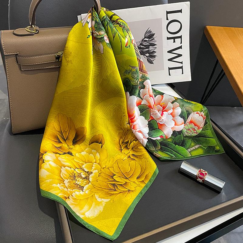 Printed Silk Scarf Women's New Peony Flower Korean Version Spring and Autumn New Silk Square Scarf Mulberry Silk Autumn and Winter Warm Scarf