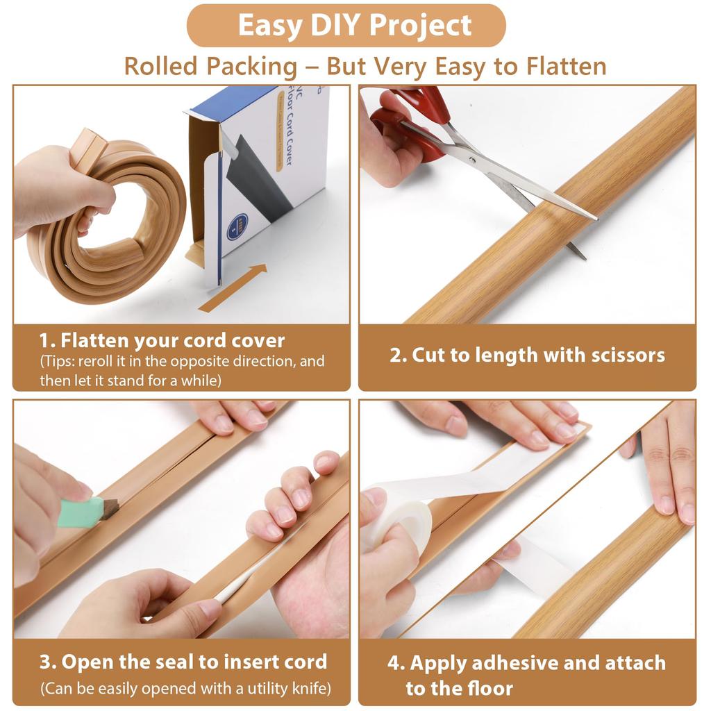 ZhiYo Floor Cord Cover, Beige Wood Grain, 3m Long, 3cm Wide, Floor-Mounted Cable Management Sleeve with Tape, Prevents Wires from Tripping, and