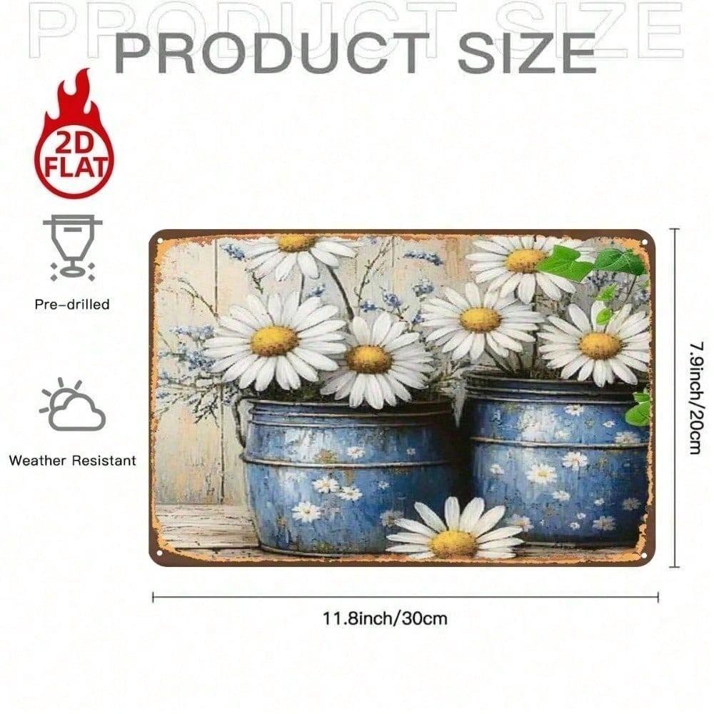 1pc Vintage Daisy Metal Sign Rustic Blue Pot Floral Wall Decor 2D Flat Iron Art for Home Restaurant Bar Garage 8x12 Inch
