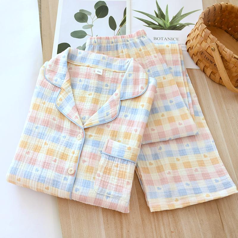 2026 Spring/Summer New Women's Pajama Set 100% Cotton Crepe Collar Love Plaid Long Sleeve Long Pants Home Clothing Set Ladies