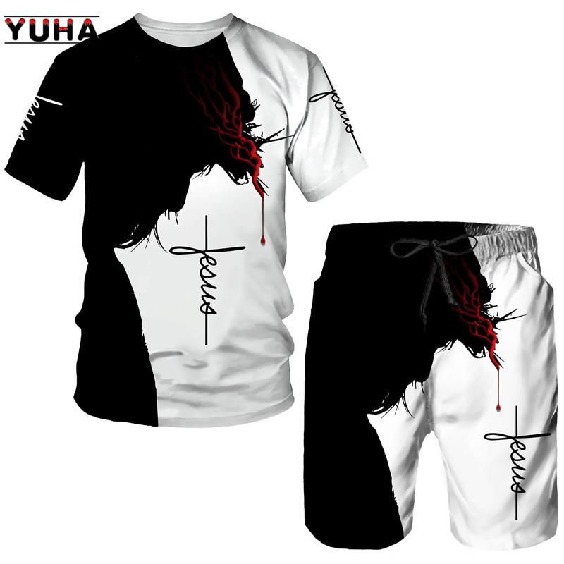 Summer Men's 3D Lion Cross Printed Men's T-shirt/Shorts/Suit Short Sleeve Jesus Love Everone Christian Street Wear 2 Pcs