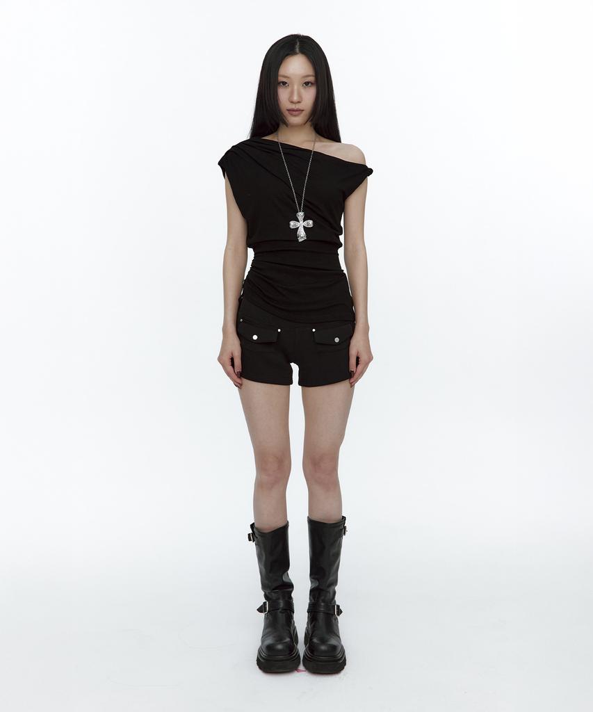 ROUGHNECK Twist Strap Shirring Top Black