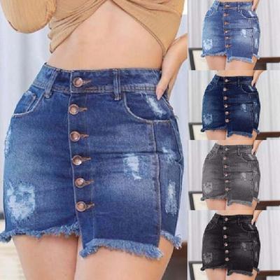 Women's Casual Temperament Buttons Open Hip Half Pocket Skirt Denim Short Skirt