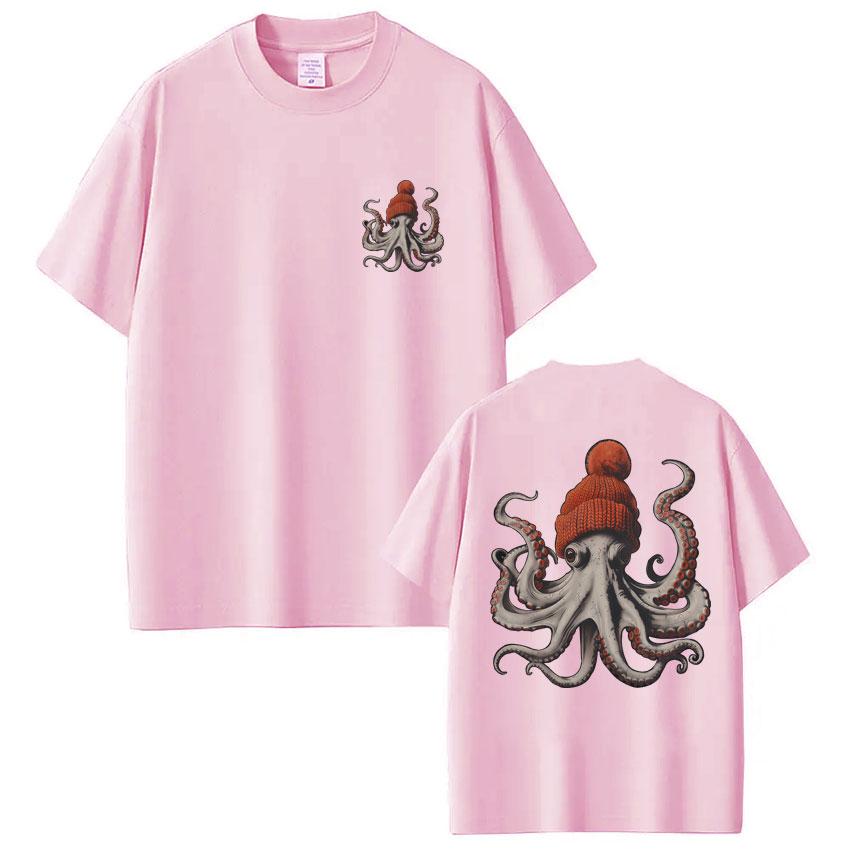 Octopus Wearing Beanie Vintage Style Graphic T Shirt Men Women Fashion Funny 90s Short Sleeve Oversized Cotton T-shirts