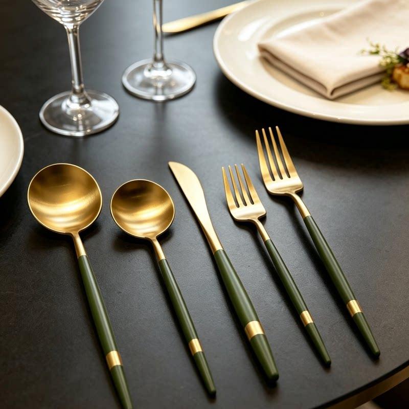 Luxury Green Gold Handle Stainless Steel Tableware Portugal Home Steak Knife, Fork, Spoon Hotel Western Cuisine Set