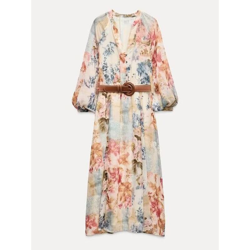 

Za2024 Autumn New Women s Clothing V Neck Long Sleeves with Belt Flowers Print Midi Skirt Dress 9116220 Color L