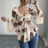 Women's Square Neck Watercolor Floral Print Long Sleeve Blouse with Tie Front, Casual Top