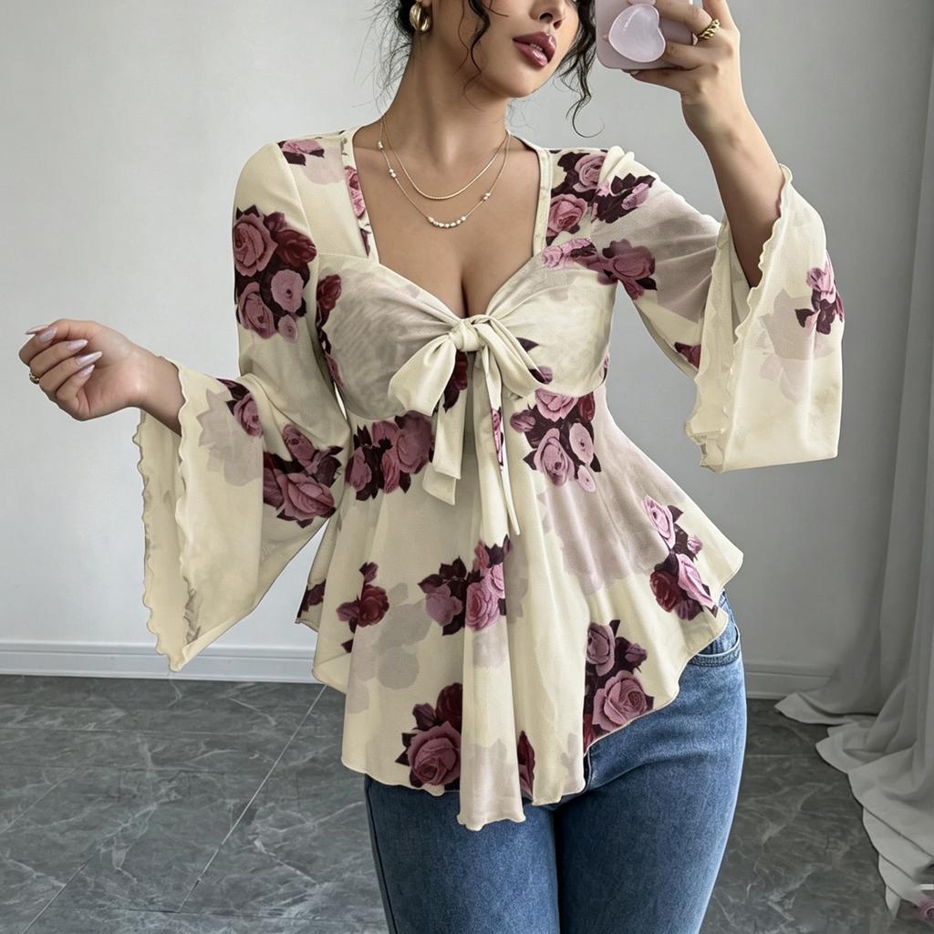 Women's Square Neck Watercolor Floral Print Long Sleeve Blouse with Tie Front, Casual Top