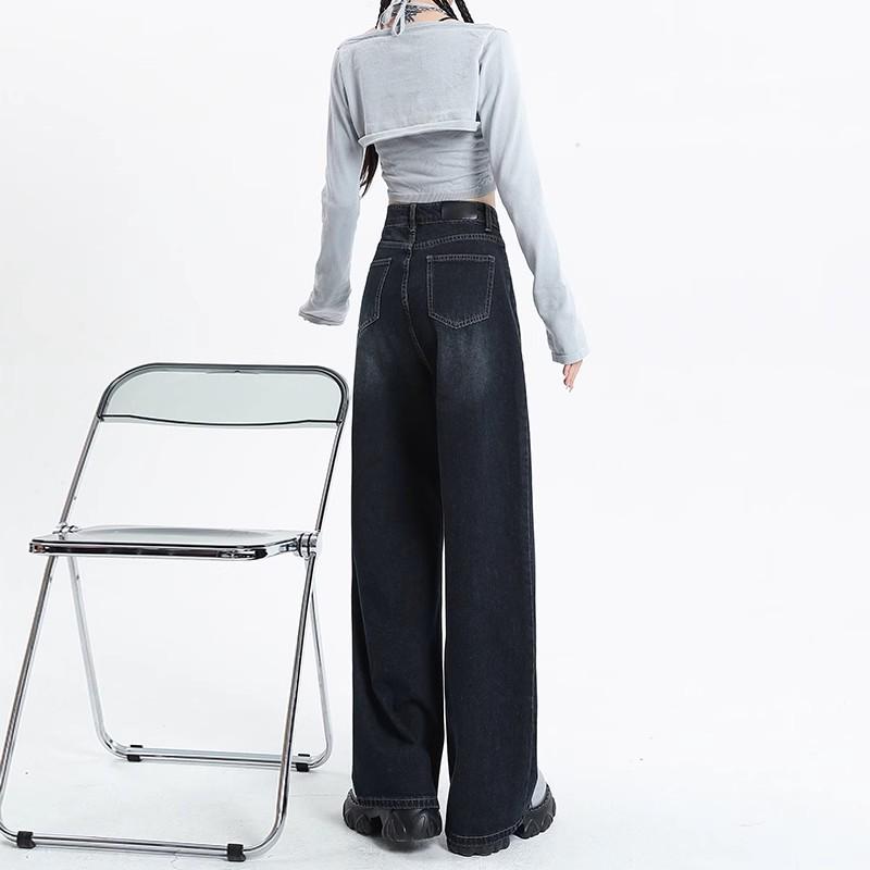 Dark Blue High-Waisted Wide-Leg Jeans for Women - Autumn/Winter 2025 Retro Casual Straight Floor-Length Pants