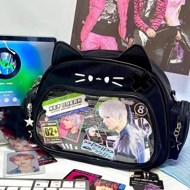 New Korean Kawaii Cat Ita Bag Cute PU Shoulder Bag Girls Transparent Pocket Harajuku Crossbody Bag Women's Fashion Backpacks