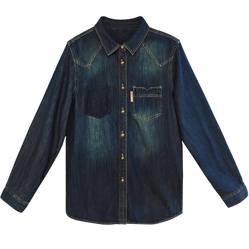 Dark Blue Denim Shirt Women's Spring and Autumn Retro Old Shoulder Top Shirt