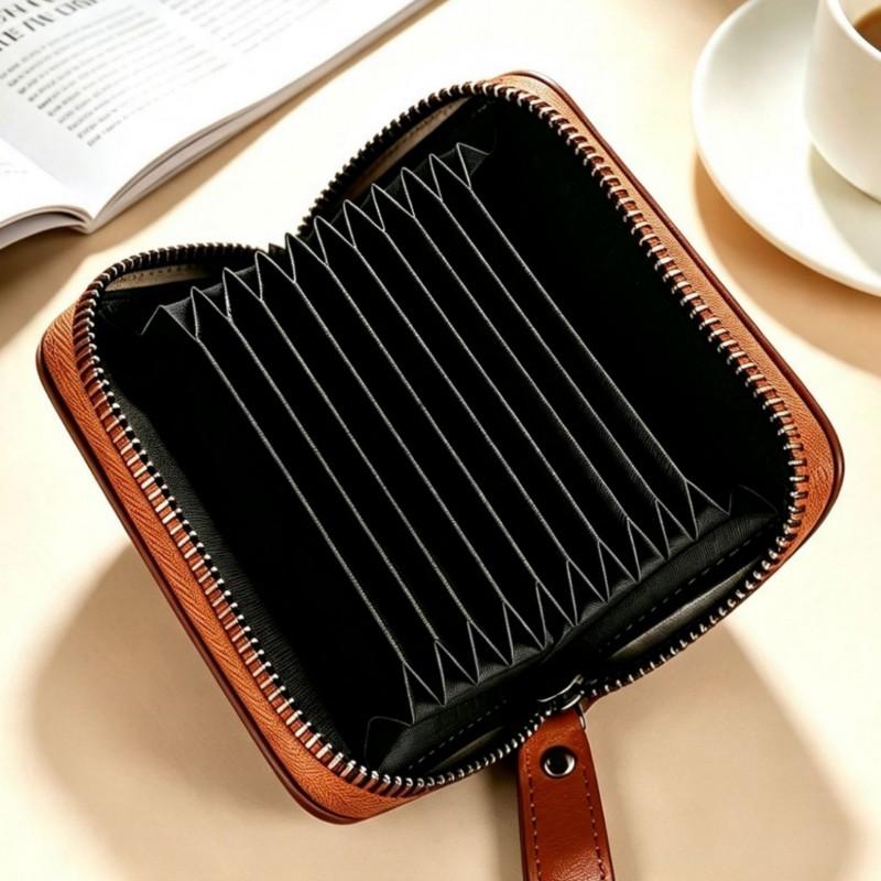 Genuine Leather Mini Card Holder Wallet Men Women Slim 2-Fold RFID-Blocking Case With Multiple Slots