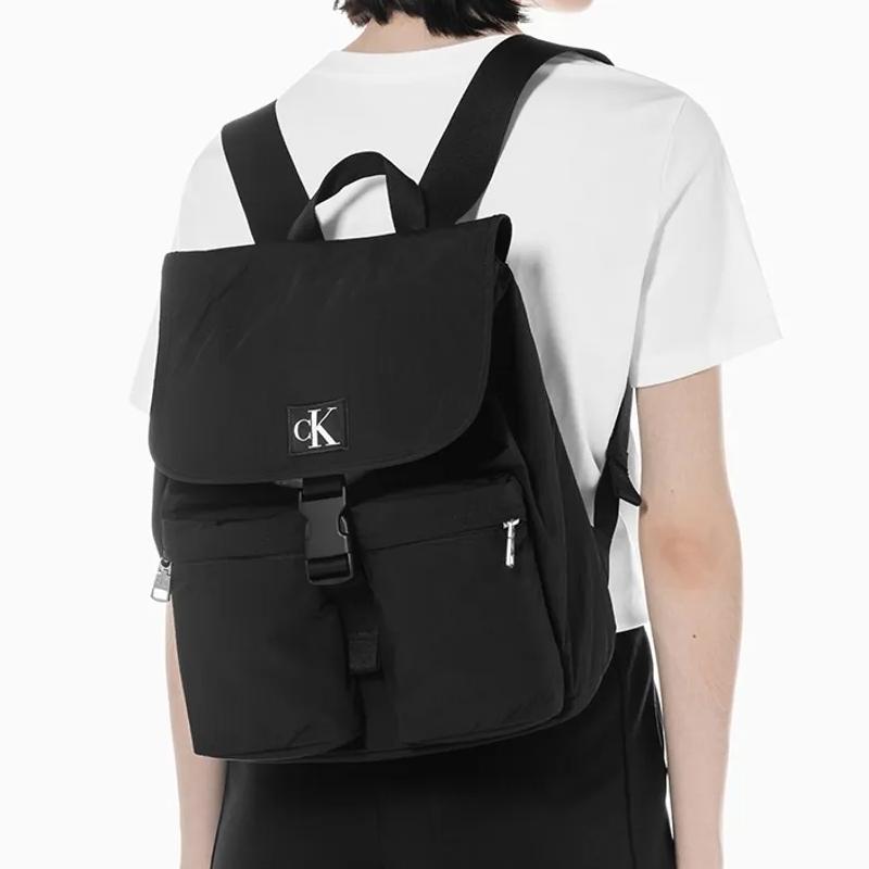 Calvin Klein Fashion Color Block Embroidered Logo Drawstring Flap Large Capacity Travel Fabric Backpack Women backpack Black DH3331-001