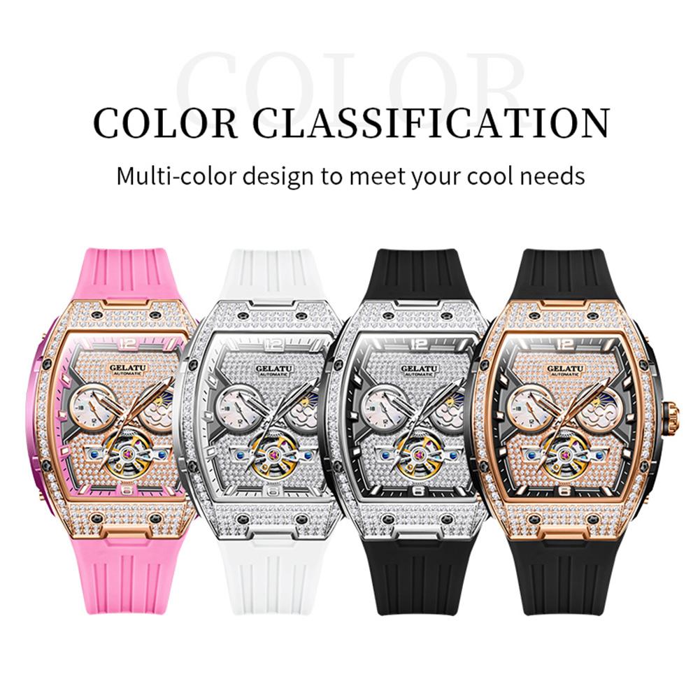 GELATU 6016 Tonneau Moon Phase Ladies' Automatic Mechanical Watches 50m Waterproof Sapphire Mirror Fashion Skeleton Women Watch
