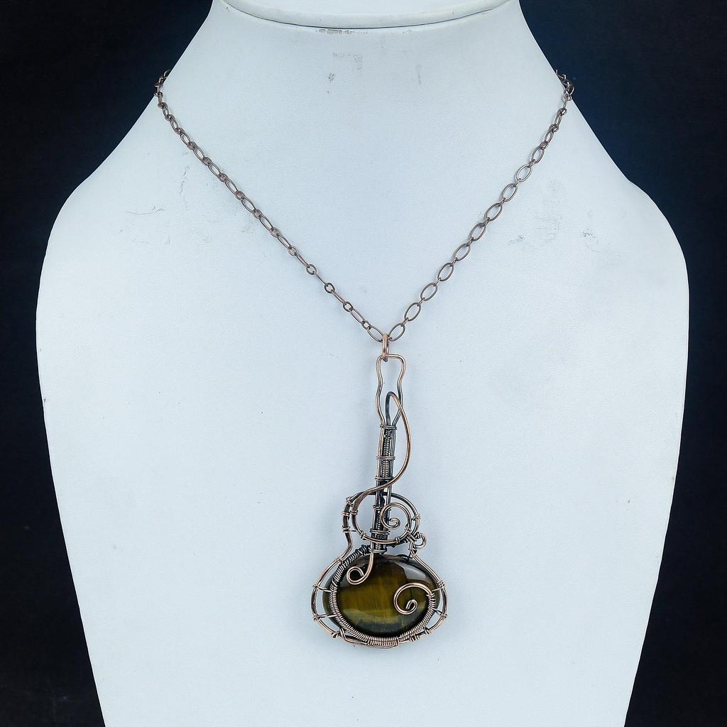 Tiger's Eye 999 Copper Wire Wrapped Pendant, Handmade Gemstone Pendant, Gift For Mom Antique Jewelry