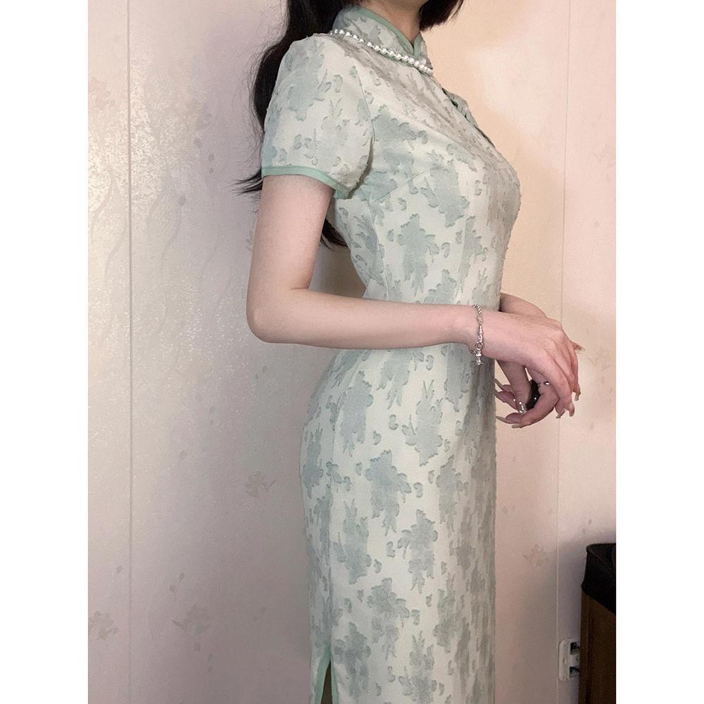 New Chinese style simple and elegant Zen tea clothes cheongsam women's summer new young girl slim and thin dress