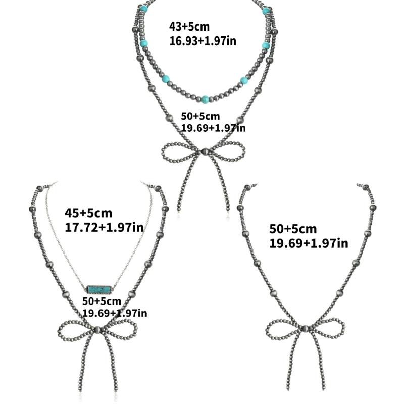 Elegant Bowknot Charm Necklace Adjustable Chain Length Neckchain Turquoise Beaded Choker Accessory for Daily Wear