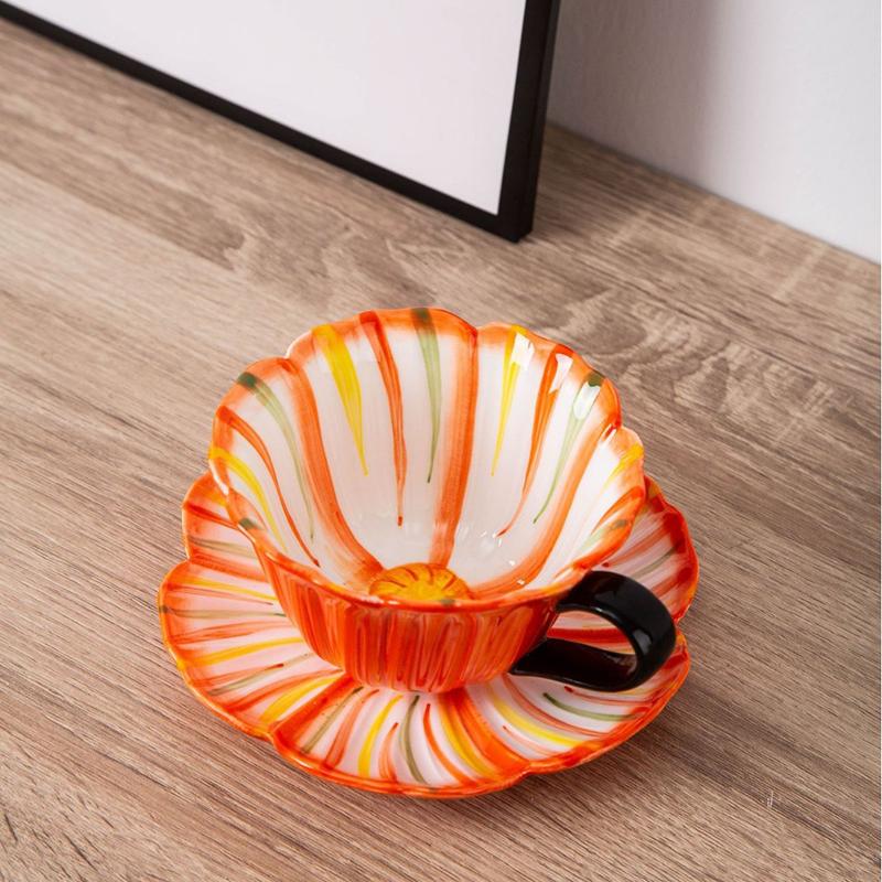 Flower Edge Ceramic Cup&saucer Painted Flower Shape Cups Dining Table Coffee Mug Afternoon Tea Teacup Fruit Juice Container