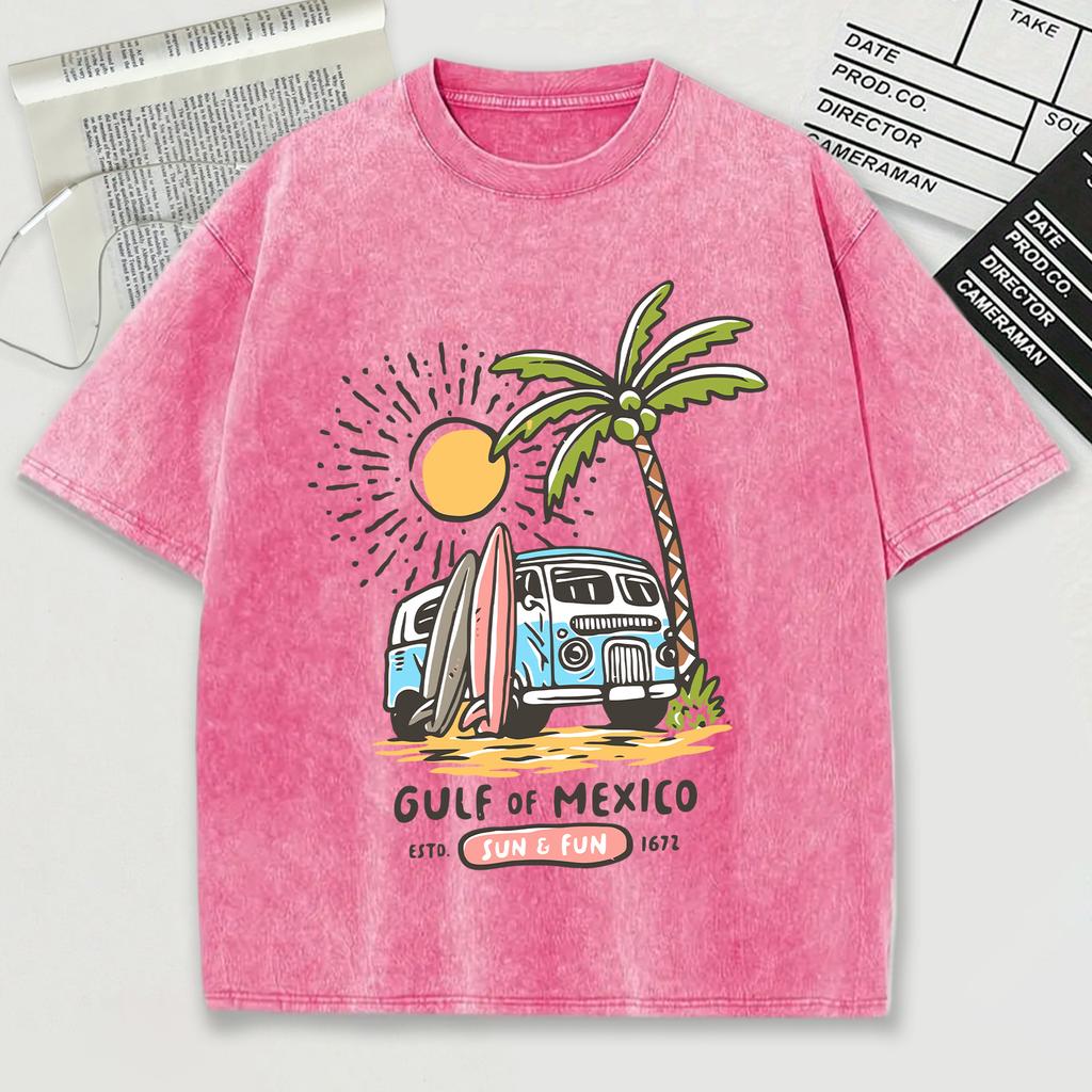Gulf Of Mexico Estd Sun Fun Print Washed Men T-Shirt Summer Retro Cotton T Shirts Snow Wash Tee Loose O-Neck Streetwear