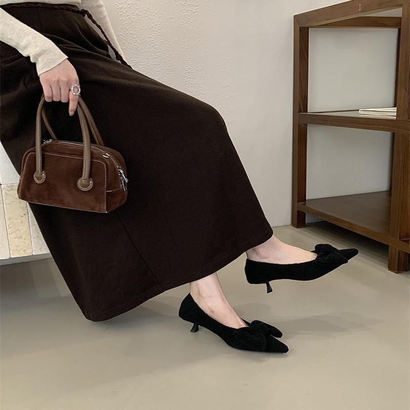 Bow-tie fluffy shoes female outer wear winter new products gentle fairy flat-bottomed velvet cotton shoes Doudou shoes