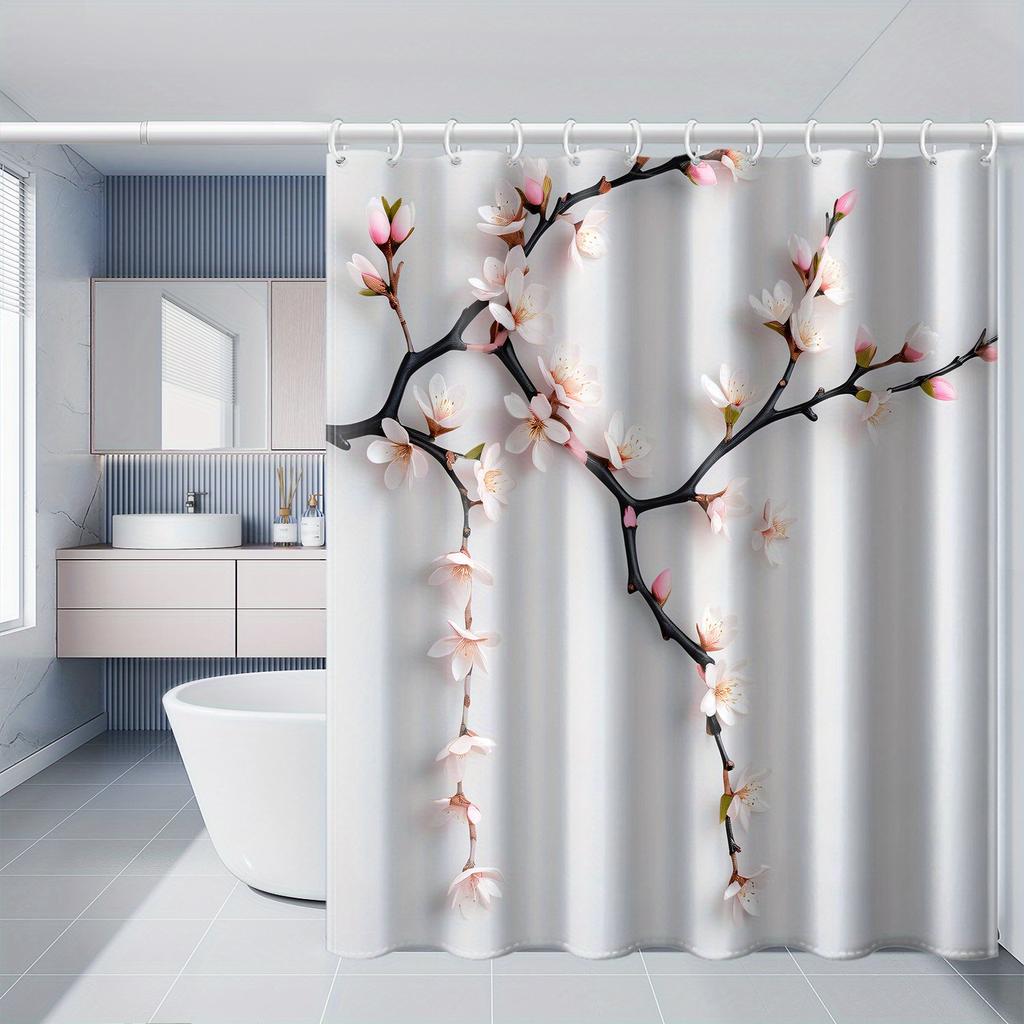 1 shower curtain with black branches and pink peach print on white background, high quality polyester fabric with hooks