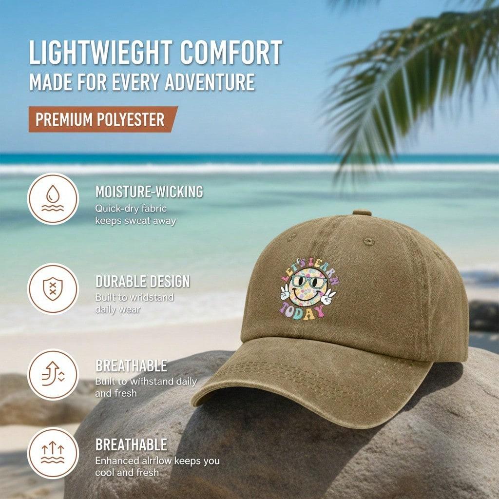 [Retro Baseball Cap] Let's Learn Today Print Unisex Adjustable Polyester Soft Fabric Casual Daily Wear Baseball Hat -  Teacher Gift