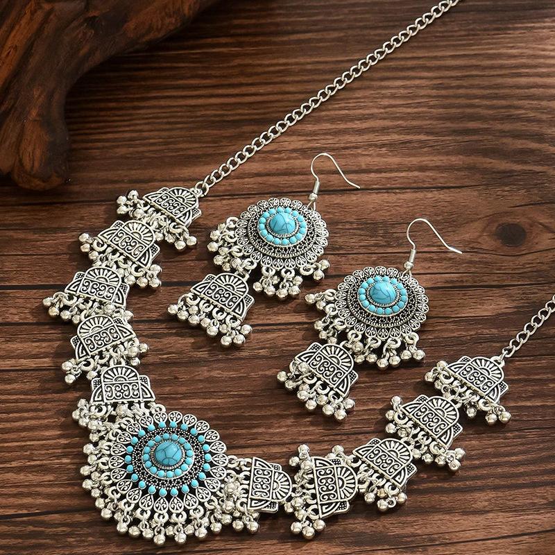 Fashion Gemstone Tassel Necklace Earrings Set for Women , Vintage Geometric Alloy Jewelry