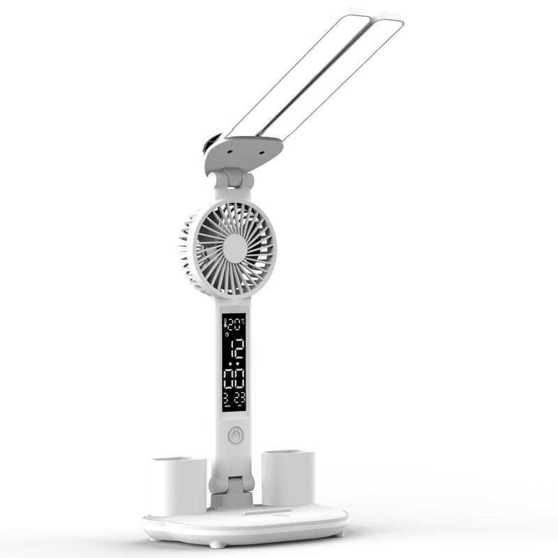

Built-in 3200mAh Battery Rechargeable Fan LED Desk Lamp with Clock Function and Pen Holder for Home,Office (with USB Cable) A