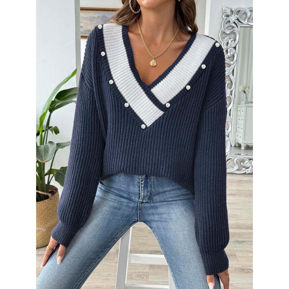Women’s Pearl-Embellished Top: Colour-Blocked, Wide V-Neck, Loose-Fitting Knitted Pullover