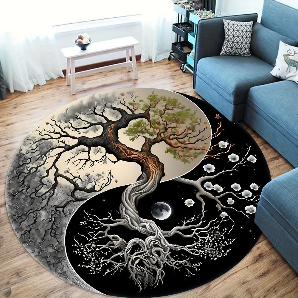 Bohemian Yin Yang Life Tree Pattern Round Rug, Non-slip Floor Mat for Living Room, Bedroom, Bathroom, Holiday Home Decoration